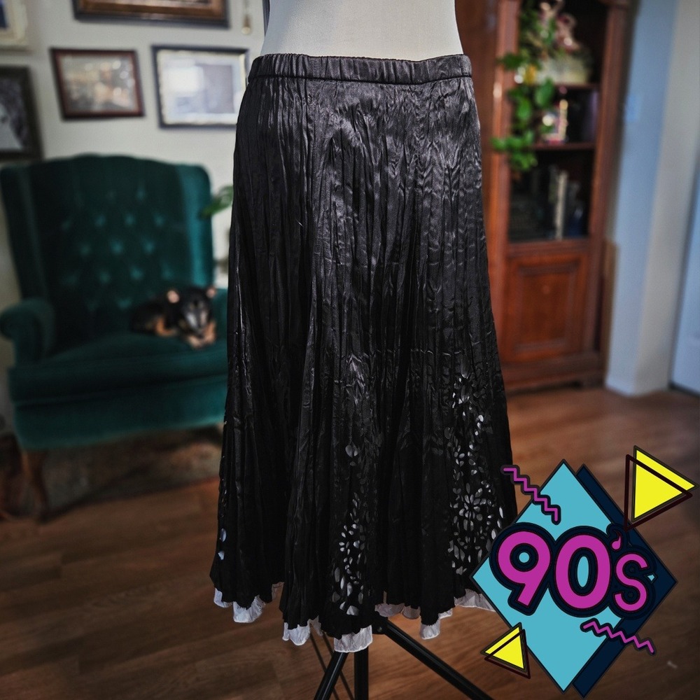 Vintage 90s Alberto Makali Black Pleated Skirt Layered Cutout Hem Midi Medium